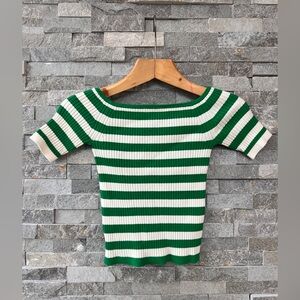Boden Green and White Striped Boat Neck Off Shoulder Short Sleeve Knitted Top XS